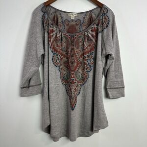 Live And Let Live 1X Top Beige Paisley Partial Button Knit Boho 3/4 Sleeve